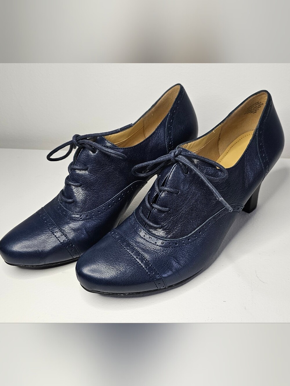 Navy Blue Leather Heeled Oxford Pumps - Size 10